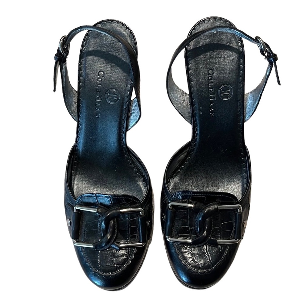 Cole Haan Black Sling Back 6B Silver Buckle Closed Toe Shoes Horsebit Heels